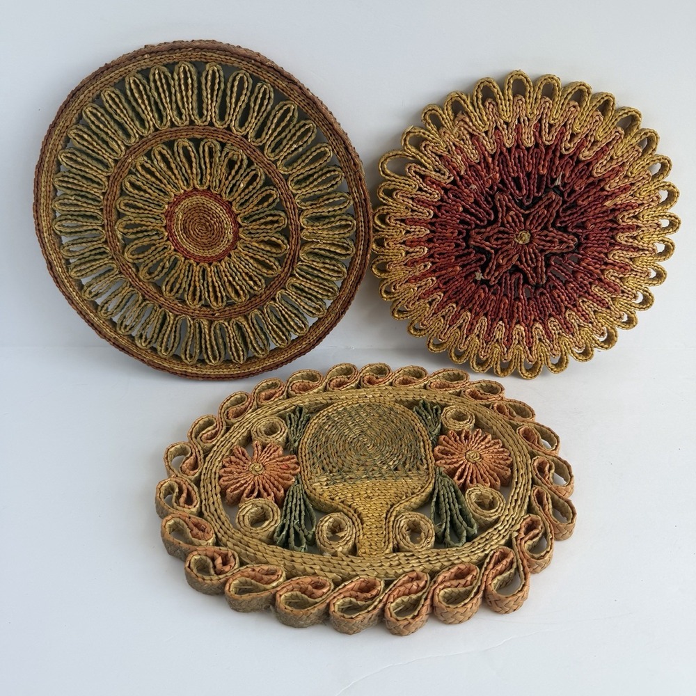 Vtg Raffia Straw Wicker Rattan Trivets Hot Pad Wall Decor Boho 3 Pc Cottagecore - Picture 7 of 7